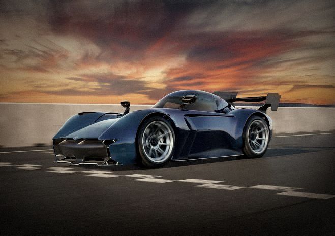 A modern blue hypercar on a circuit at sunset