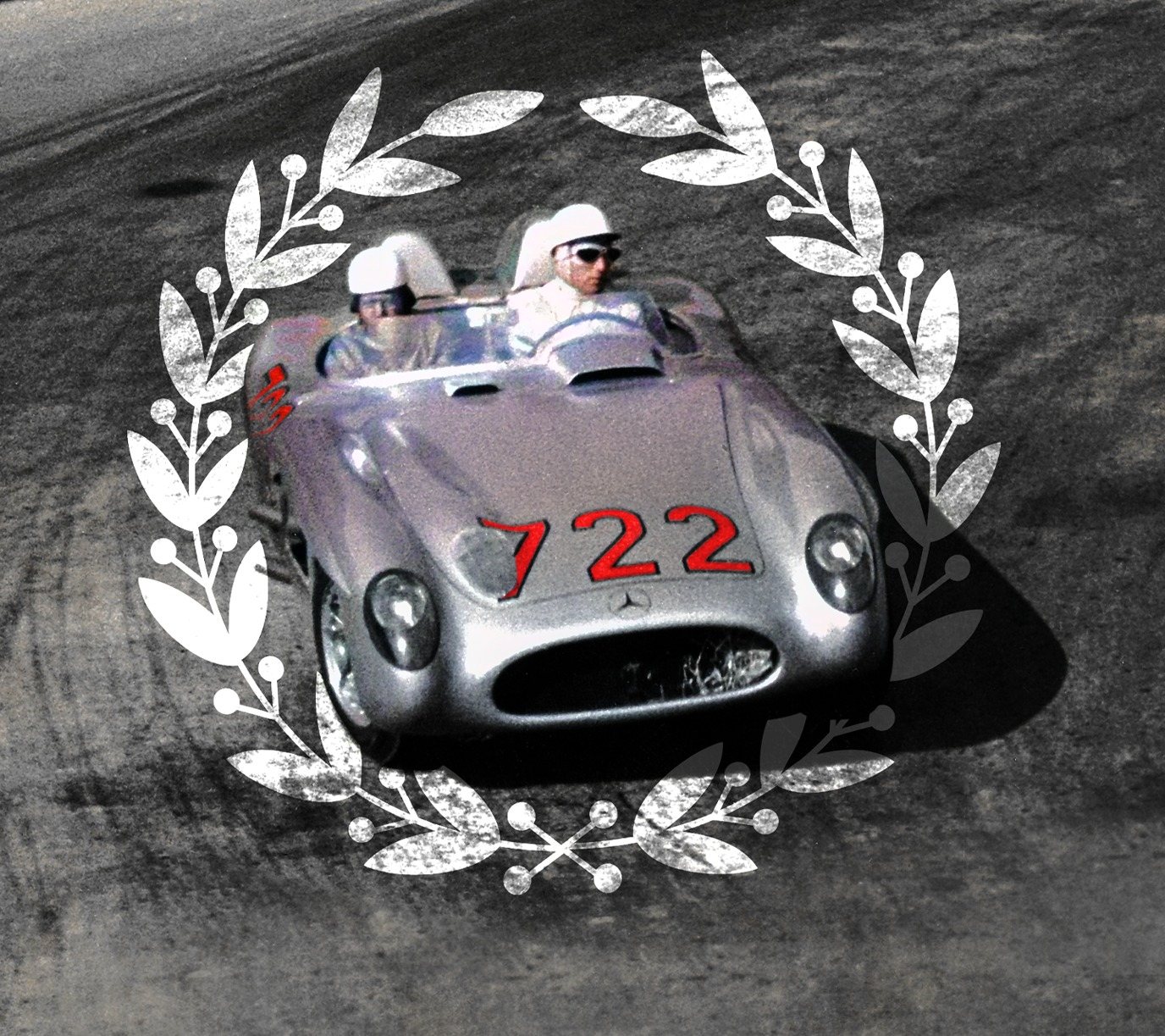 Stirling Moss and Denis Jenkinson in the Mercedes-Benz 300 SLR, number 722, framed by a laurel wreath
